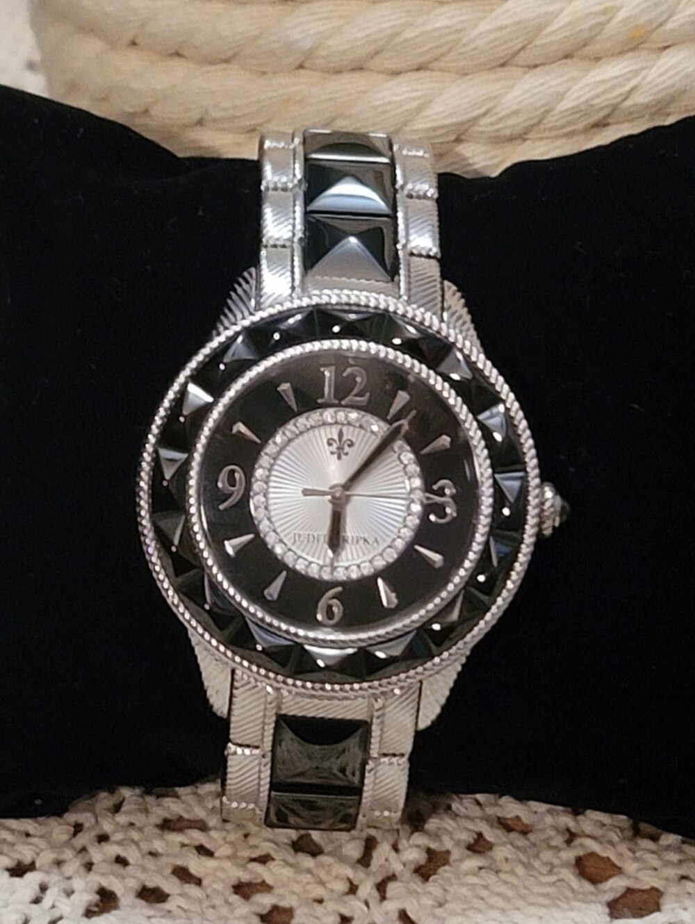 Judith Ripka Luxury Designer Studded Swiss Paris Black Silver Bracelet Watch